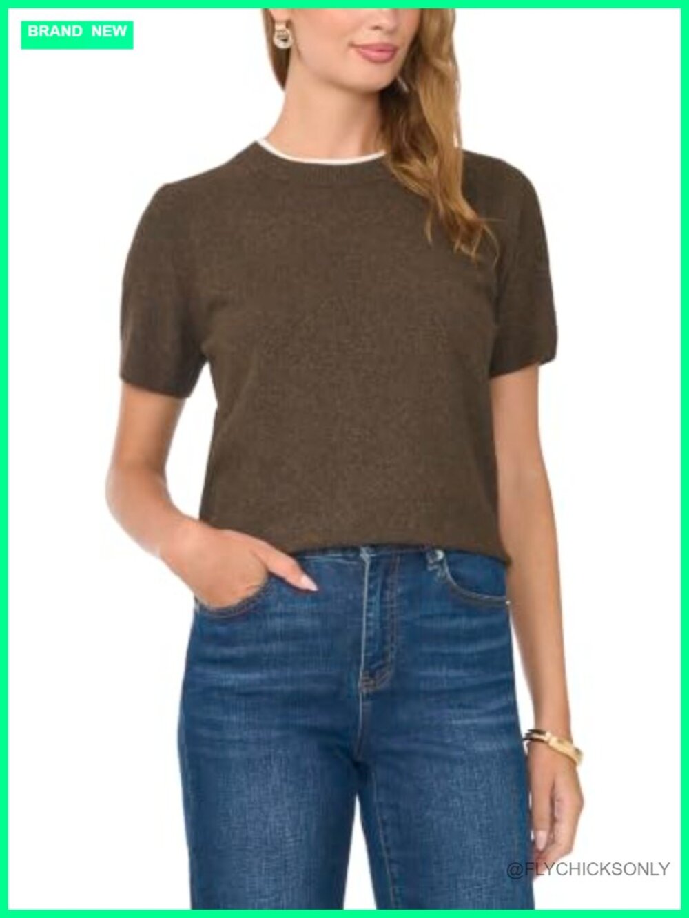 Womens Short Sleeve Contrast Neck Sweater Cotton Acrylic Pullover
